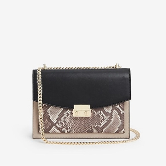 Express Snakeskin Animal Print Taupe Black Flap Gold Chain Handbag - Picture 1 of 11